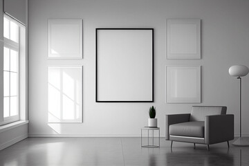 Blank frame on a wall in a modern minimalist living room. generative AI