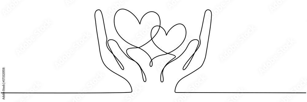 Wall mural Continuous one line drawing arms holding two hearts. Love linear concept. Vector isolated on white.