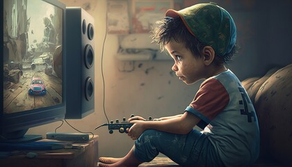 side view of a young boy using playing video games on old console. nostalgia gaming concept. ai generative content