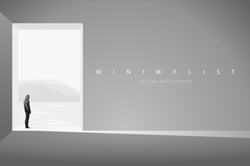 Futuristic technology background with a lonely figure. Sci-Fi poster. Minimal mountain landscape. Abstract art wallpaper for web, prints, art decoration and applications. Vector - obrazy, fototapety, plakaty