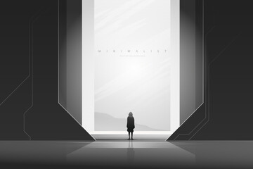 Futuristic technology background with a lonely figure. Sci-Fi poster. Minimal mountain landscape. Abstract art wallpaper for web, prints, art decoration and applications. Vector - obrazy, fototapety, plakaty