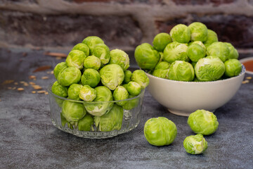 Macro shots of fresh Brussels sprouts. brussels sprouts background. Close-up of raw, fresh and whole brussels sprouts