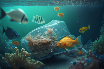 Fototapeta na wymiar Plastic packet and other wastes float in the sea water and fish are poisoned by them. Generative AI