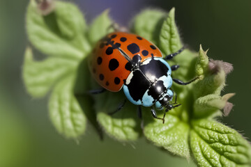 Fototapeta premium Close-up of a ladybug, ladybird on fresh juicy green leaves. generative AI