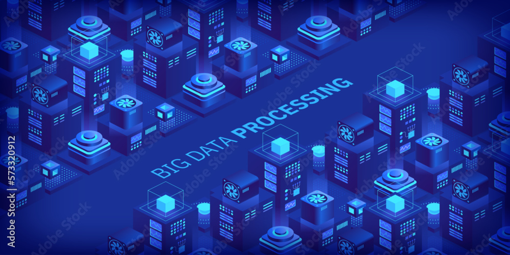 Poster vector isometric server room. quantum computer. cloud storage data center. web hosting. big data pro
