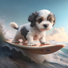 Adorable Shihtzu Puppy surfing, 3d