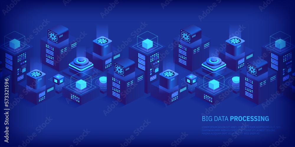 Poster vector isometric server room. quantum computer. cloud storage data center. web hosting. big data pro