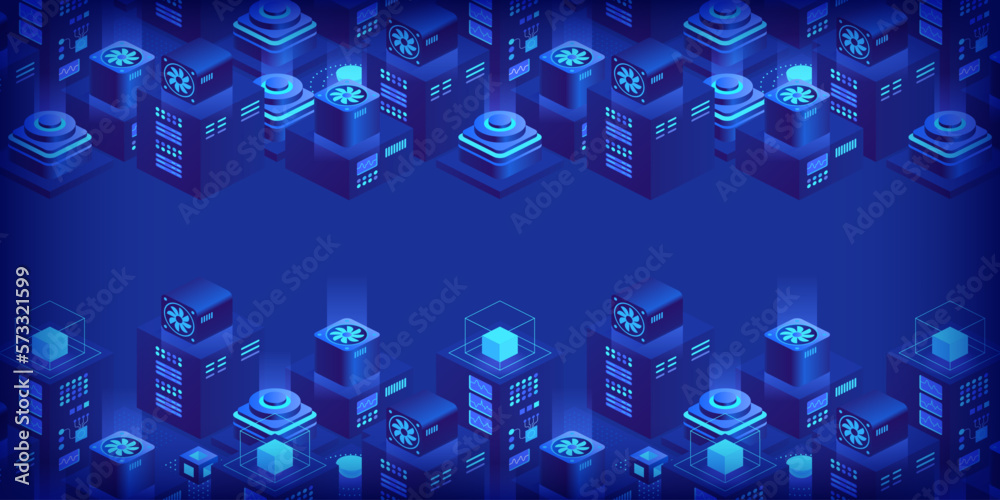 Poster vector isometric server room. quantum computer. cloud storage data center. web hosting. big data pro