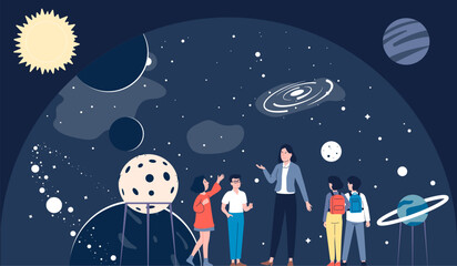 Excursion to the planetarium, astronomy lesson teacher in cosmonautics museum. School kids group study universe and planets recent vector scene - obrazy, fototapety, plakaty