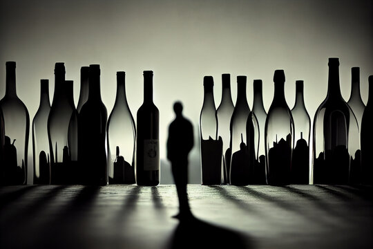 Black silhouette of a man with a bottle on a gray background. The concept of alcohol addiction, alcoholism. Generative AI