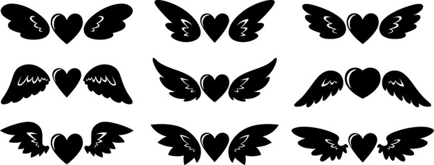 Black hearts with wings silhouettes. Heart icon collection, isolated flying valentines day decorations. Flat love romantic vector symbols