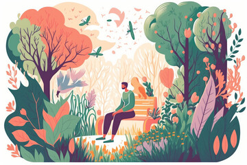 Concept of mental health, spiritual recovery and self-care, person sitting in a nature park illustration. Generative AI.