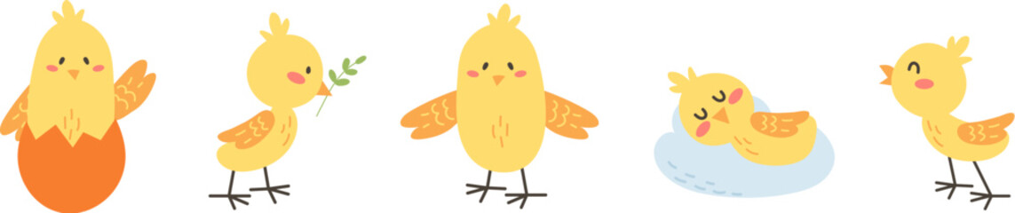 Cartoon chicken, yellow chick sleep eat greetings. Easter little chicks, cute farm birds vector characters. Decorative children elements