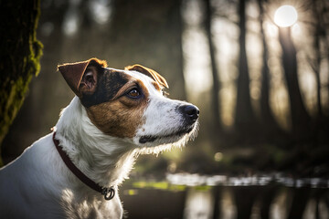 Russel terrier dog portrait on a sunny day in the forrest