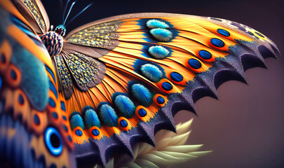 The intricate patterns on a butterfly's wings as it perches on a flower