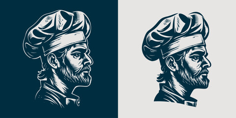 Smiling chef with hat woodcut engraving style vintage hand drawn vector illustration EPS 10