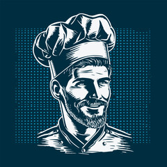 Smiling chef with hat woodcut engraving style vintage hand drawn vector illustration EPS 10