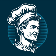 Smiling chef with hat woodcut engraving style vintage hand drawn vector illustration EPS 10