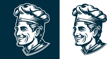 Smiling chef with hat woodcut engraving style vintage hand drawn vector illustration EPS 10