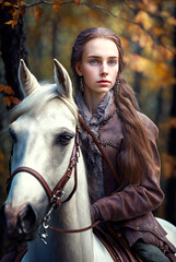 Obraz premium Girl with long hair riding her white horse in a forest at autumn