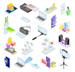 Smartphone Mobile Device with App and Media Isometric Vector Set