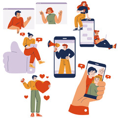 Social Network with Young Man and Woman Chatting and Meeting Friends Vector Set