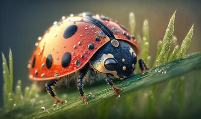 Obraz premium A dew-covered ladybug perched on a blade of grass