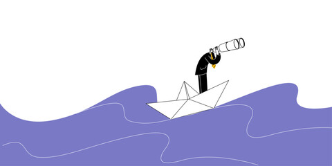 A top manager of a company in a business suit looks through binoculars from a paper boat. Vector illustration on company management and crisis management. Horizontal banner template.