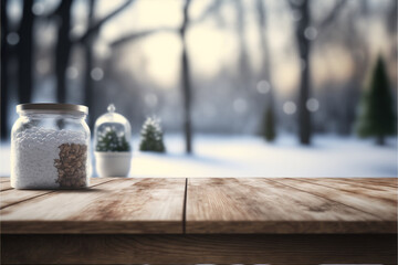 Obraz premium Wooden table on the winter landscape background Generative AI
