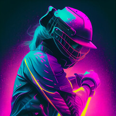 Young Female Cricket Player Illustration with Neon Colours and Energetic Vibe, Created with Generative AI Technology