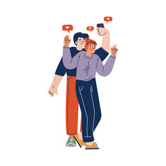 Social Network with Young Man and Woman Chatting Via Smartphone Vector Illustration