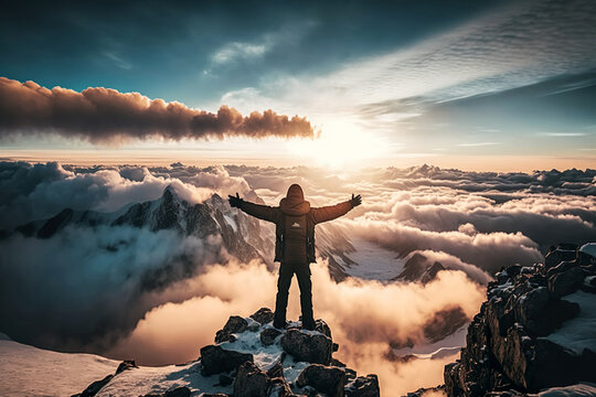 One Man Hands Up Standing On Mountain Peak Over The Clouds. Generative Ai.