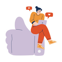 Social Network with Young Woman on Thumb Up with Laptop Share and Like Post Vector Illustration