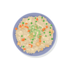 Tasty Chinese rice with vegetables on white background