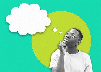 Collage with a young man thinking, concept thought process, mind, ingenuity and new creative idea