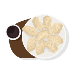 Tasty Chinese jiaozi with sauce on white background