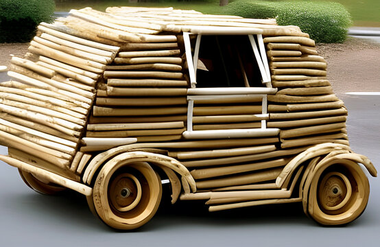 AI generative illustration of  a compact automobile made from sticks and lumber scrapes.