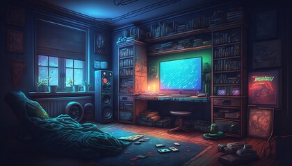 A gamer room in a well-lit apartment, Generative AI