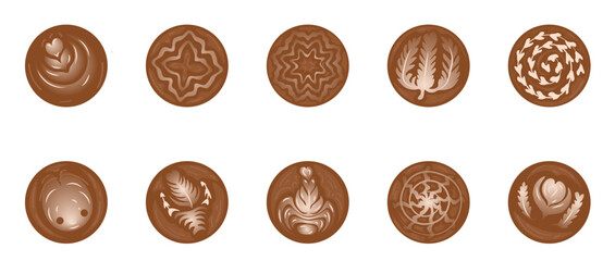 Set of beautiful latte art on white background