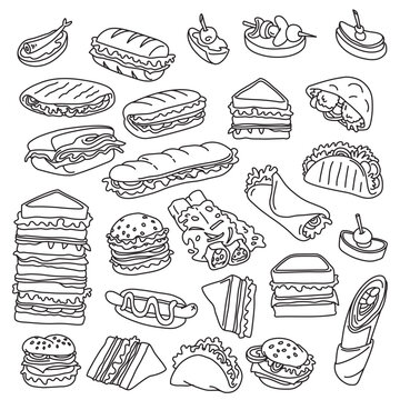 Sandwiches, burgers, tacos, falafel. Different types of fast food meals. Vector drawings set. Outline stroke is not expanded, stroke weight is editable