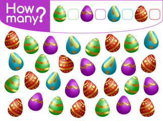 Counting game for preschool children vector illustration. Educational mathematical game. Count how many Easter eggs by colors and decor and write the result