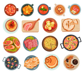 Spanish Dish and Food Served for Restaurant Menu as National Cuisine Big Vector Set