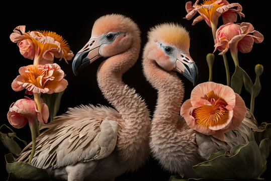 fantasy adorable baby flamingos and flowers, an ultrafine detailed painting on dark background, generative ai.
