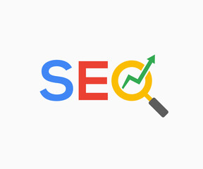 SEO search engine logo with magnifying glass and arrow. SEO multi color logo with magnifying glass and arrow.