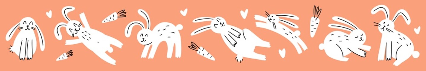 Horizontal illustration with rabbits, hand-drawn in the style of a doodle