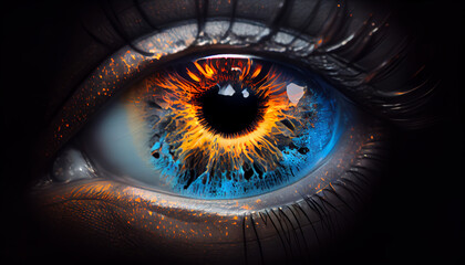 A close up if an eye with blue and orange colors, generative ai