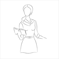 The girl holds the book. Black and white sketch.