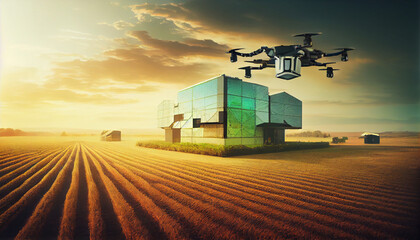 Fototapeta premium Futuristic farming automation using drones over farm and fields, generative ai