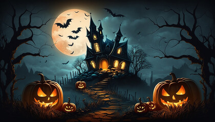 Fototapeta na wymiar Halloween background with glowing pumpkins and haunted house, Generative ai