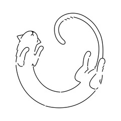 Cozy black and white vector illustration of a cat curled up in a half-circle on its back. Vector isolated animal for stickers, emoji, decor, cards, patterns. Stylized pet